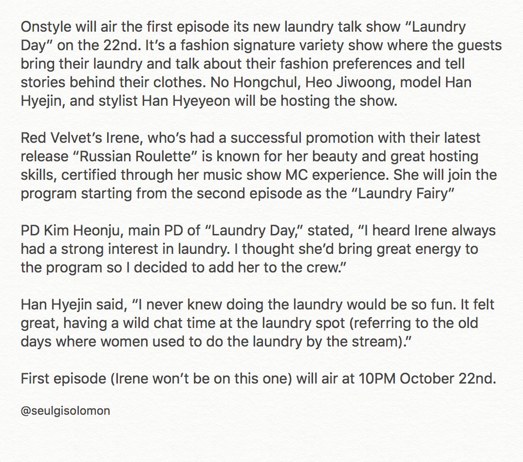 Red Velvet Irene to host new show "Laundry Day" on OnStyle along with Noh HongChul and Han