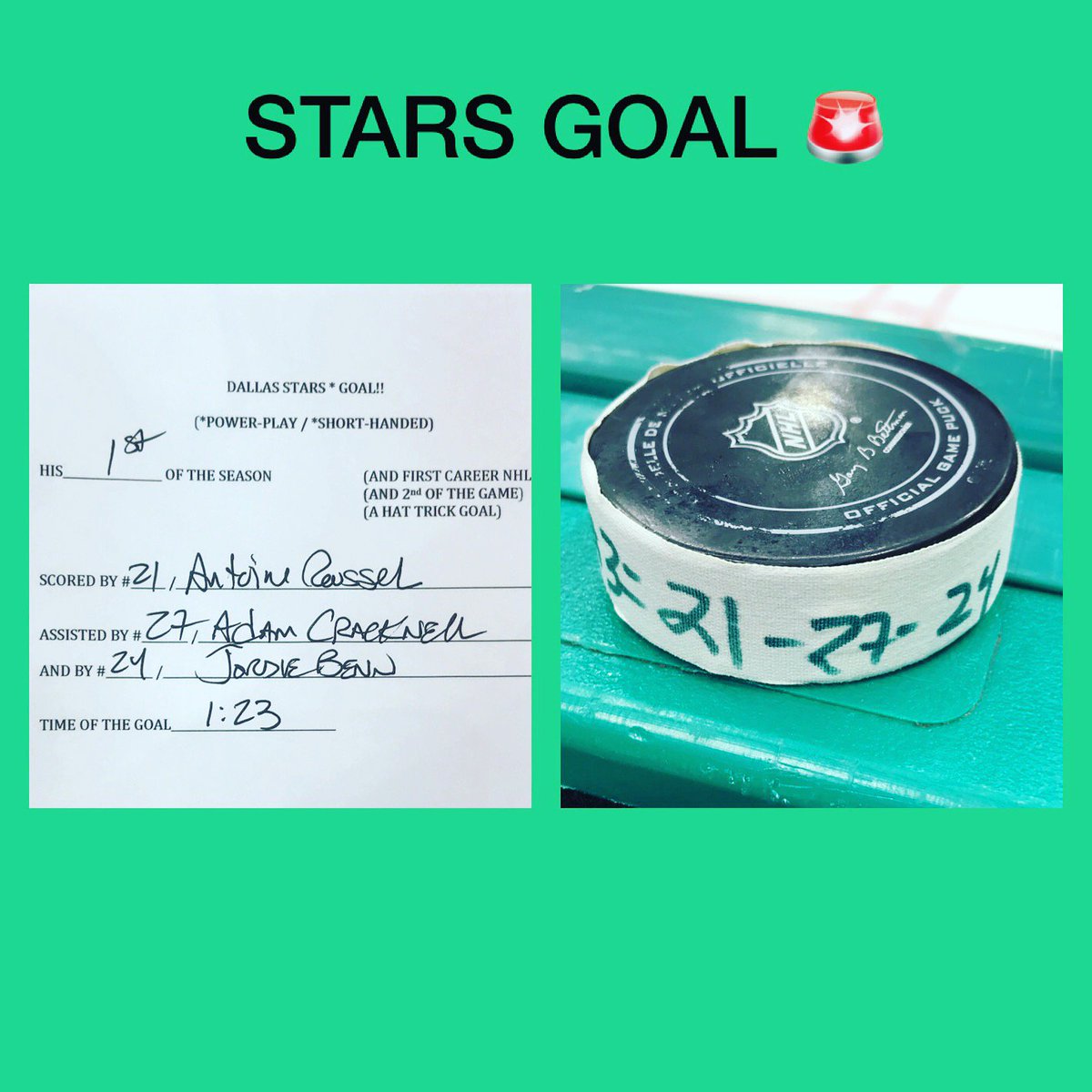 jeffk_stars's tweet photo. .@dallasstars GOAL! 🚨 scored by #21 @Rous_ant 🇫🇷 #DALvsANA #NHLfaceoff #Launch1013 https://t.co/RrIG3onQV5