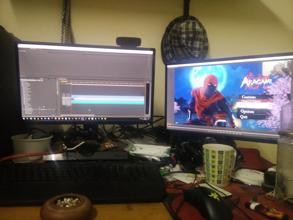 HouseOfGrimShow's tweet photo. #houseofgrim Editting first thing in the morning #aragami #premiereCS6 #gaming #pcgames #messydesk #ineedtea https://t.co/z1ixUKtjv0