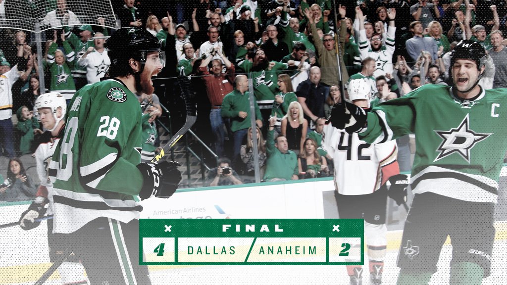 DallasStars's tweet photo. STARS WIN!!! Dallas takes the home opener over the Ducks with a 4-2 victory! #GoStars https://t.co/4izchAxpxS