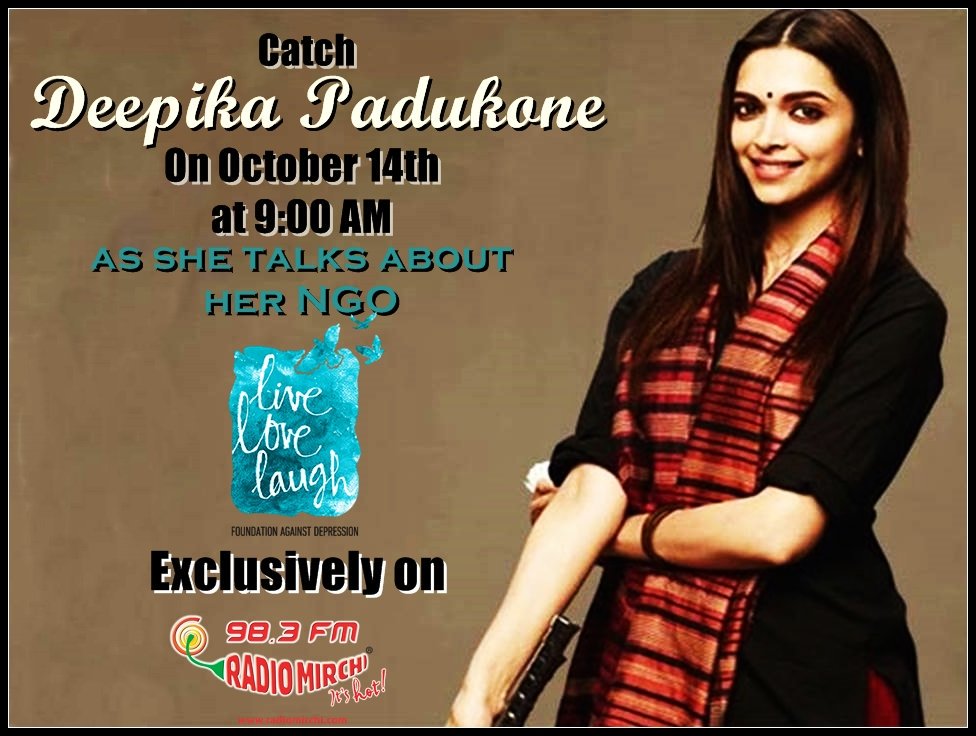 MirchiRaipur's tweet photo. Depression can strike anyone. Catch @deepikapadukone talks about her battle with depression, Exclusive on Mirchi 98.3 at 9am. #LiveLoveLaugh https://t.co/NuITxxsMyl