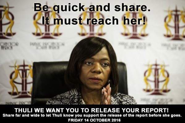 OUTASA's tweet image. At 2pm today @ThuliMadonsela3 will  release last batch of investigation reports. Retweet to convince her to release #StateCapture report