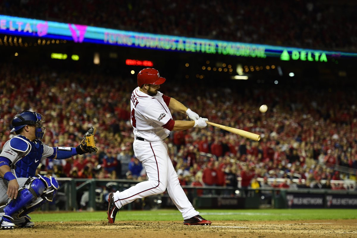 Nationals's tweet photo. Chris Heisey picked the perfect time to hit the 1st PH #Postseason HR in franchise history (Nats/Expos). #OnePursuit https://t.co/MMU8fotLCo