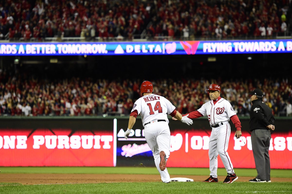 Nationals's tweet photo. Chris Heisey picked the perfect time to hit the 1st PH #Postseason HR in franchise history (Nats/Expos). #OnePursuit https://t.co/MMU8fotLCo