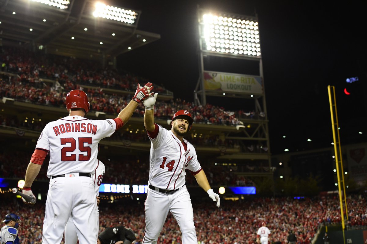 Nationals's tweet photo. Chris Heisey picked the perfect time to hit the 1st PH #Postseason HR in franchise history (Nats/Expos). #OnePursuit https://t.co/MMU8fotLCo