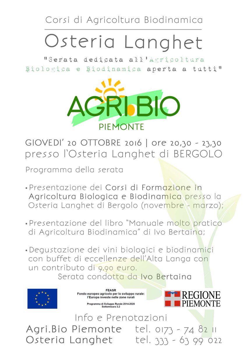 Langhet's tweet photo. Giovedì 20 Ottobre - ore 20,30 - Presentazione Corsi di Agricoltura Biologica e Biodinamica a cura di Ivo Bertaina! #biologico #langhet https://t.co/LpAdFgGeGl