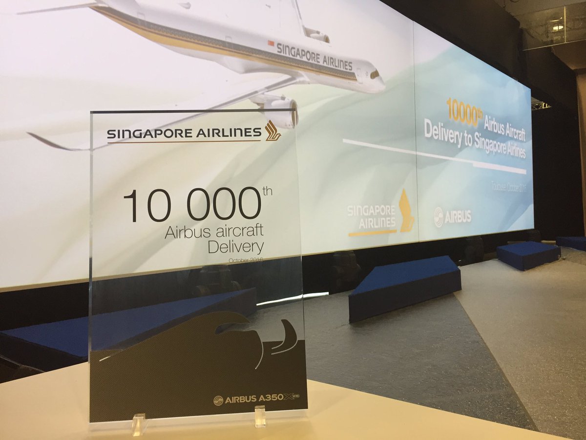 Airbus's tweet photo. Live from our Delivery Center in Toulouse where the delivery ceremony of our 10,000th aircraft is about to start! #Airbus10000 https://t.co/jHpR56dX3u