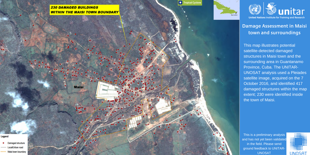 UNOSAT's tweet photo. 417 buildings damaged in Maisi town and surrounding area, Guantanamo province, Cuba #CycloneMatthew https://t.co/VOhU363OiT @DisastersChart https://t.co/d6EmM4OKzM