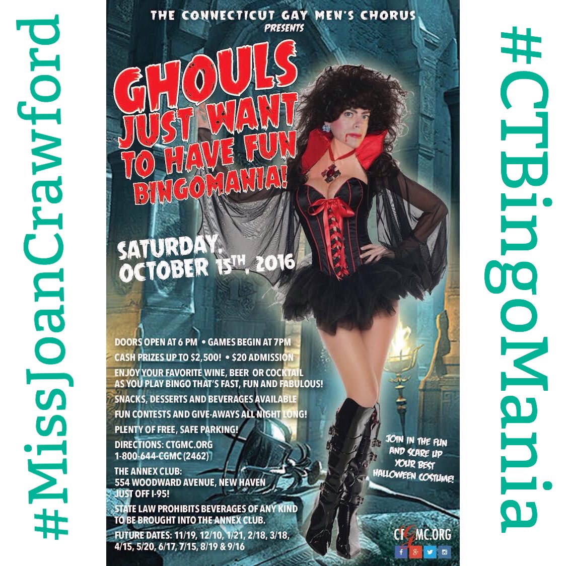 MissJoanCrawfor's tweet photo. Join us Saturday Oct 15 for "Ghouls Just Want to Have Fun" #CTBingomania with #MissJoanCrawford and the #CtGMC #GhoulsJustWantToHaveFun https://t.co/JGXMFah3iH