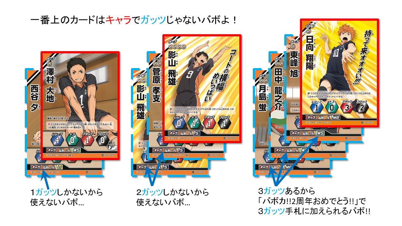 ハイキュー バボカ どうしてかというと このカードはガッツを使うアイコンの隣に ３ の文字があるバボ つまりこのカードは３ガッツを使う能力のカードということバボよ ３ガッツあるキャラがいれば バボカ 2周年おめでとう と言い