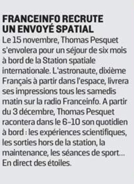 ClaraDevoret's tweet photo. .@franceinfo recrute un envoyé très spatial ! Dès le 3/12, RDV sur les ondes avec @Thom_astro depuis l'ISS  @Space_Station cc @le_Parisien https://t.co/JHAQXy4DUb