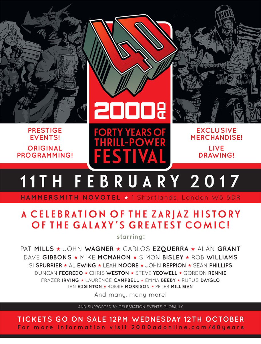 2000AD's tweet photo. With an incredible roster of creators plus panels, live drawing and more - come celebrate our 40th birthday with us https://t.co/lCu9pxuwch https://t.co/gsRVH7QXkR