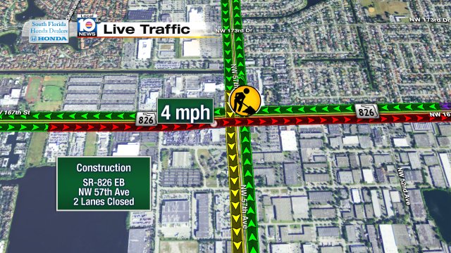 Construction closing 2 lanes on SR-826 EB at NW 57th Ave #traffic #miami https://t.co/CRqfn7MGmM