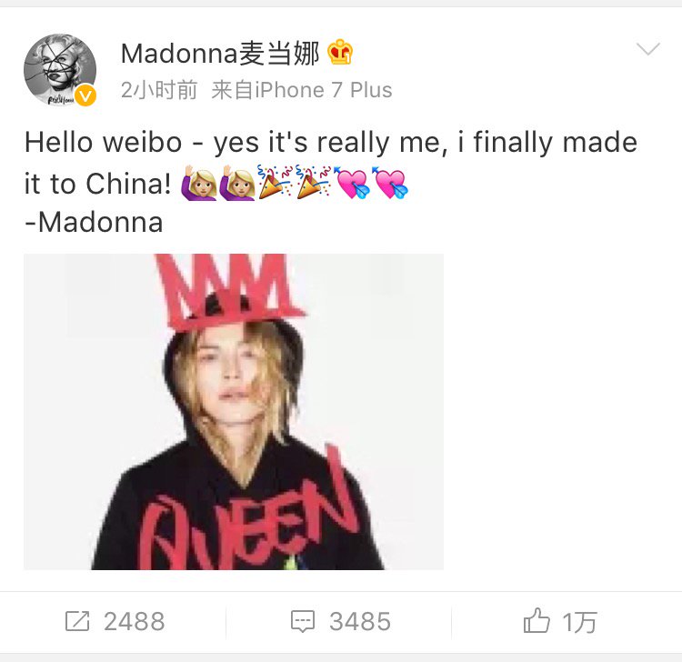 The Queen of Pop Music @Madonna joins Weibo today.