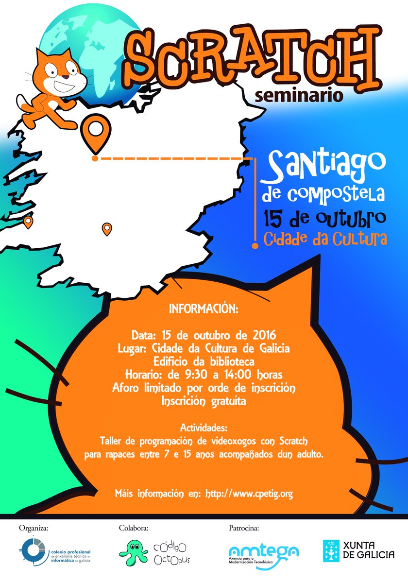 cpetig's tweet image. Rapazada d Stgo contando as horas para empezar aventura d programar con #Scratch. Mañá 9.30h na @CidadedaCultura Organiza @cpetig e @amtega