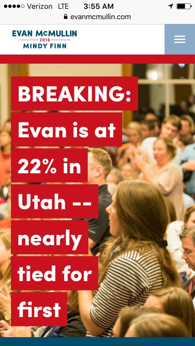 hoagmaster's tweet photo. In case you didn't hear, @Evan_McMullin is almost tied for first in Utah. An independent hasn't won a state since 1968. #StandUpWithEvan https://t.co/gnll9pVsHx