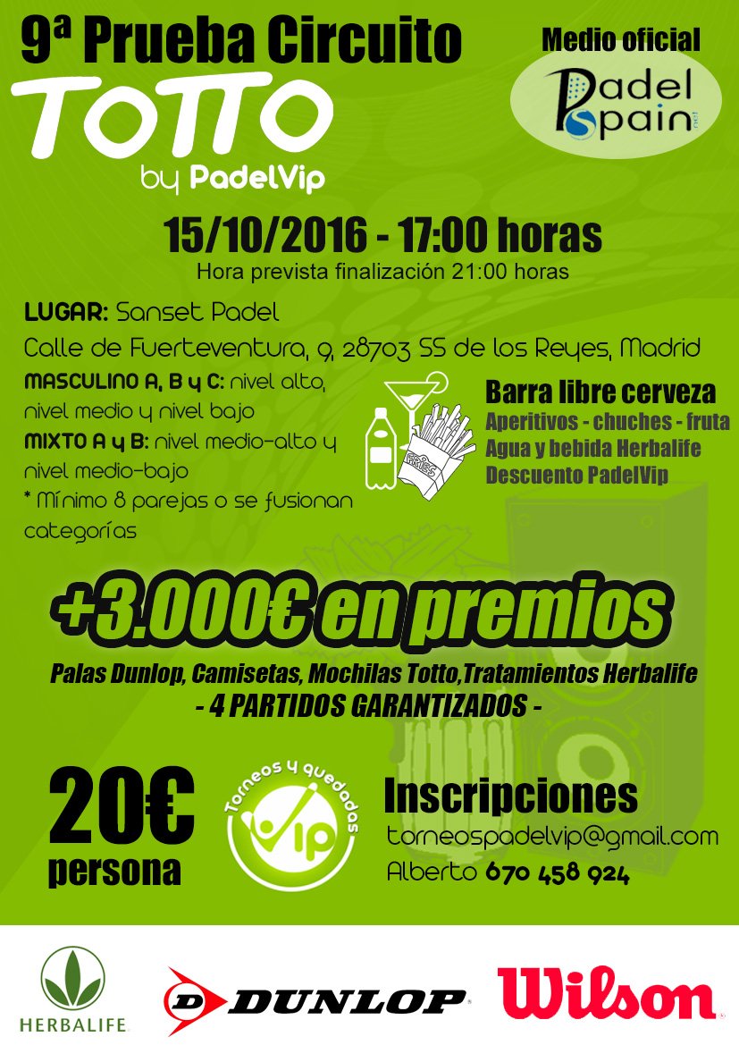 padelvip's tweet photo. ¡Últimas plazas para la 9ª Prueba del #CircuitoTotto by #PadelVip! Apúntate al mejor torneo de #padel amateur en #Madrid con regalos 🔝 y 🍻 https://t.co/uqQL0WUOX9