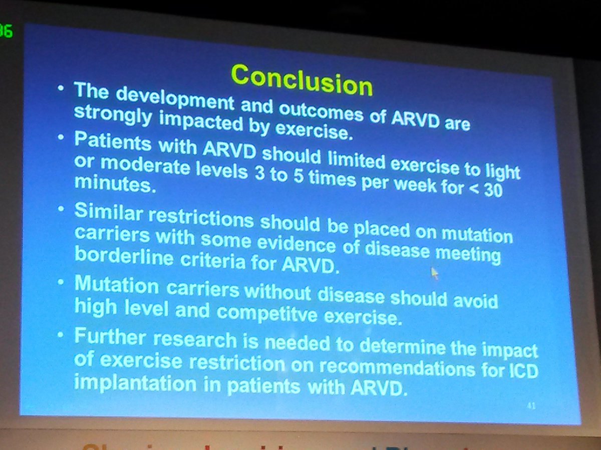 EPinnovation's tweet photo. Endurance exercise >30min 3-5x/week not good for patients with ARVD, and perhaps also probands. (Dr Calkins) #aphrs2016 @JohnsHopkins https://t.co/AujxYOCK0f