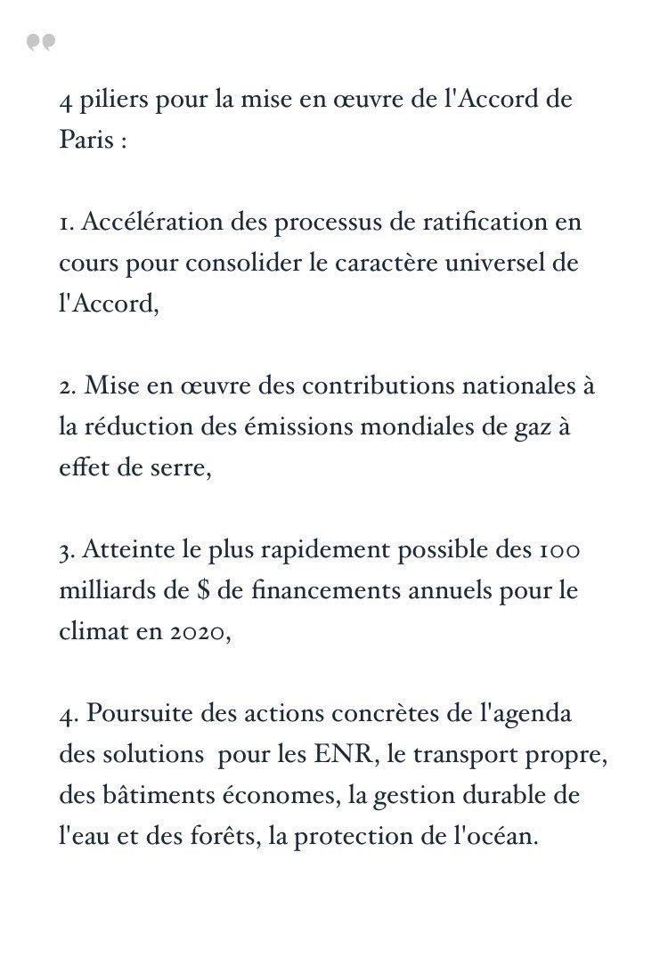 RoyalSegolene's tweet photo. La mise en œuvre de l'#AccordDeParis repose sur 4 piliers qui sont aussi mes priorités d'action en tant que Présidente de la #COP21 🌍 https://t.co/9DyepWyT73