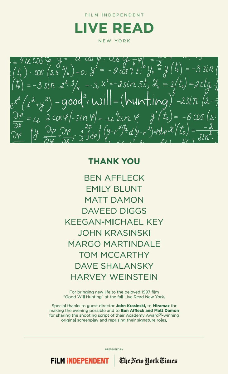 nytimesevents's tweet photo. A very special thanks to those who made the live table read of Good Will Hunting possible! #LiveReadNY @filmindependent https://t.co/LRBtrufD4K