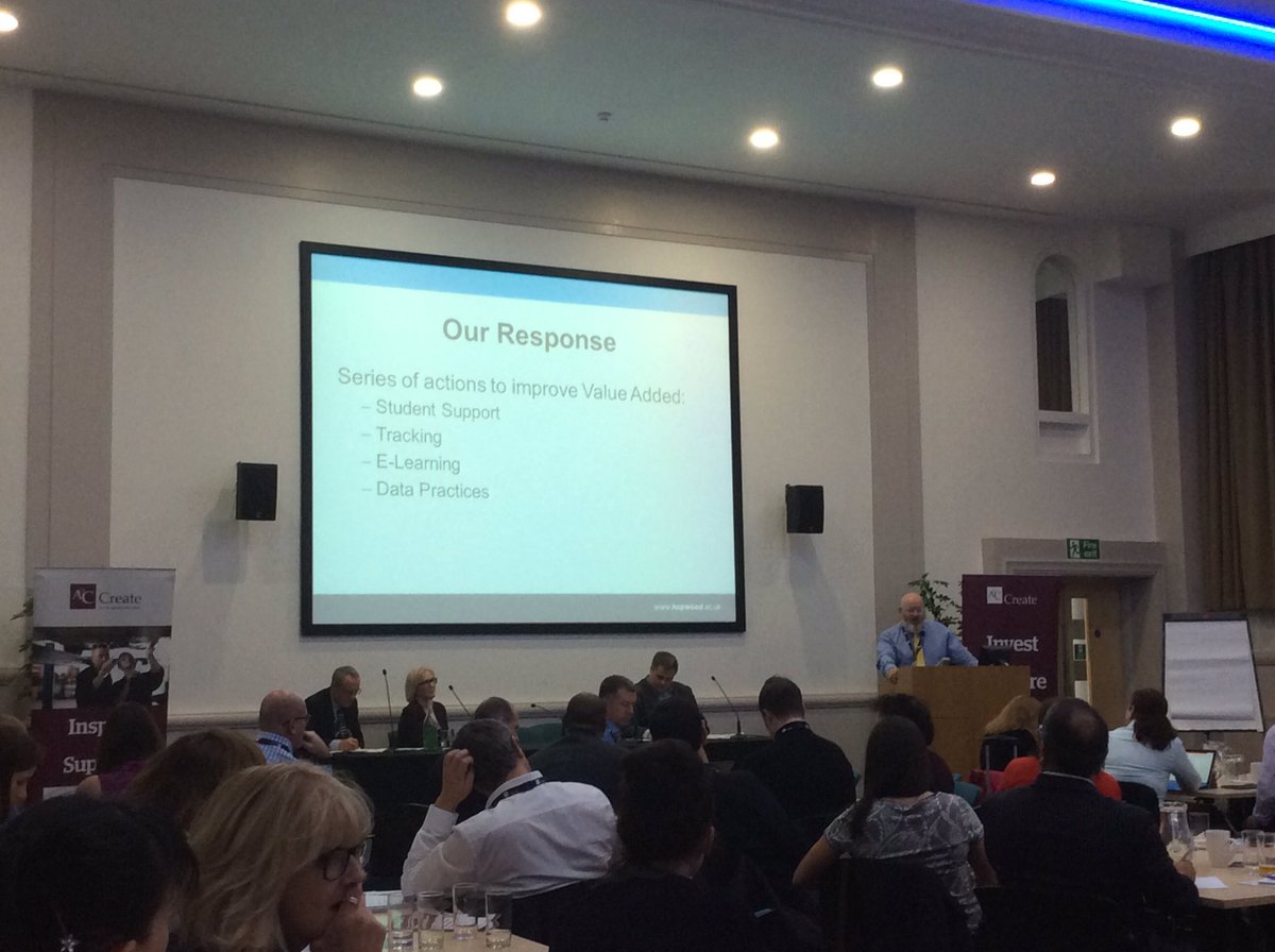 AoC_Create's tweet image. Deiric O Tuathail of @hopwoodhall explains his college&apos;s efforts to achieve value added improvements at the #aocdata conf #AoCEvents