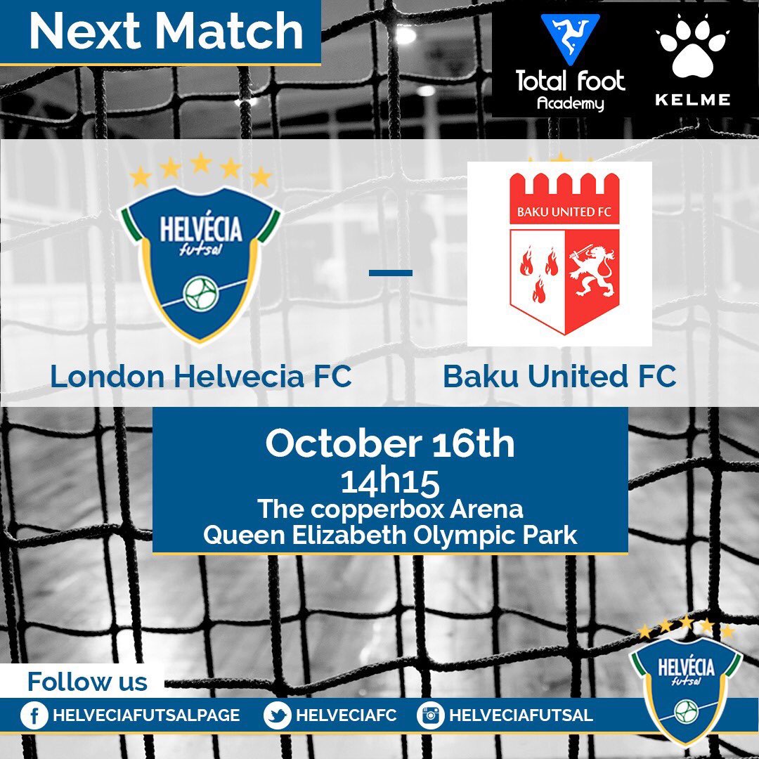 This Sunday we take on <a href="/HelveciaFC/">London Helvecia Futsal</a> at the <a href="/CopperBoxArena/">Copper Box Arena</a>. Join us at 2.15pm