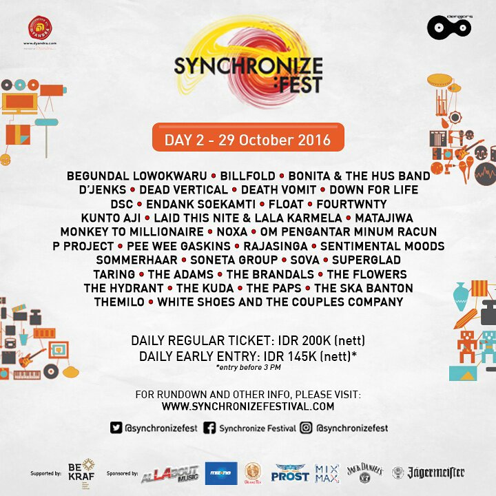 SynchronizeFest's tweet photo. Daftar penampil di #SynchronizeFest (28-30 Oktober 2016)  Informasi rundown per hari dapat di lihat di 
https://t.co/SHcgNYqDeI https://t.co/QnzhKv41bH