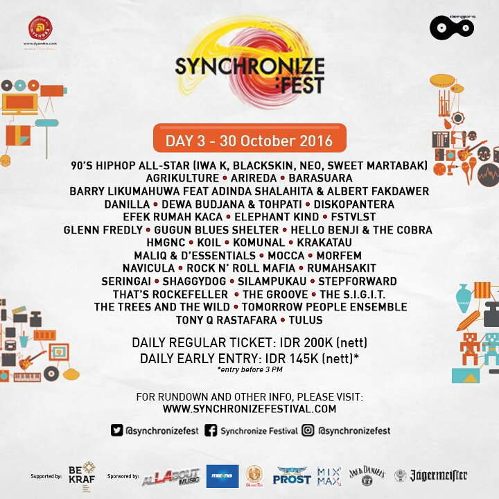 Daftar penampil di #SynchronizeFest (28-30 Oktober 2016)  Informasi rundown per hari dapat di lihat di 
synchronizefestival.com