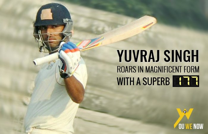 YouWeNow's tweet photo. .@YUVSTRONG12 smashes an incredible 177-run knock in Punjab's Ranji Trophy encounter against Madhya Pradesh. #YuvionFire 🔥 #PUNvsMP https://t.co/XiPngEOS81
