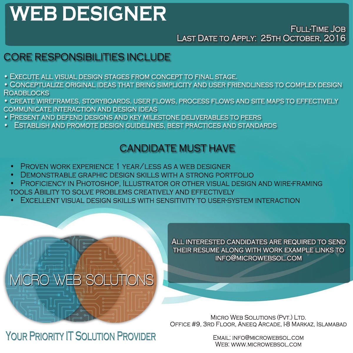 MicroWebSol's tweet image. Micro Web Solutions is looking for a talented Web Designer to create amazing user experiences.