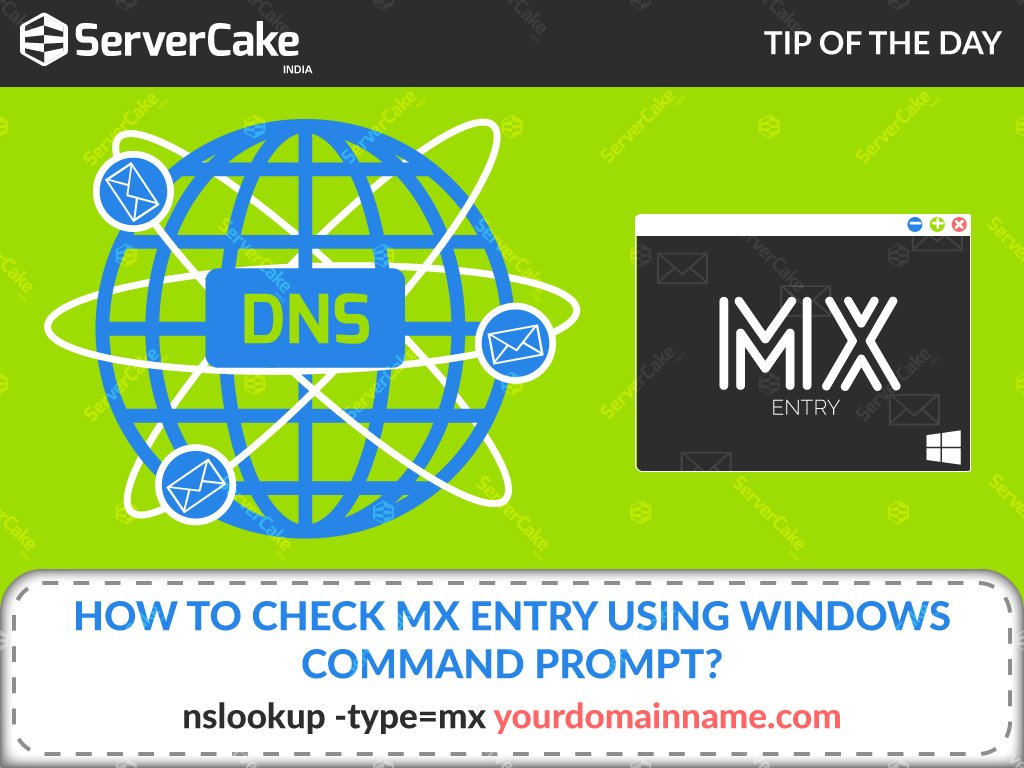 ServerCakeIndia's tweet image. How to check MX Entry using Windows command prompt?
Ans: nslookup -type=mx yourdomainname.com

#WindowsCommands #MXlookUpcommands