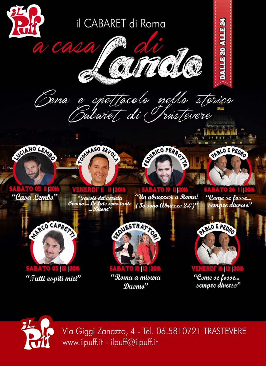 Il_Puff's tweet photo. Un saluto affettuoso a tutti i nostri amici!
Vi presentiamo il programma di Novembre e Dicembre.
Vi aspettiamo a #IlPuff #ACasaDiLando https://t.co/Am58TO9TOT
