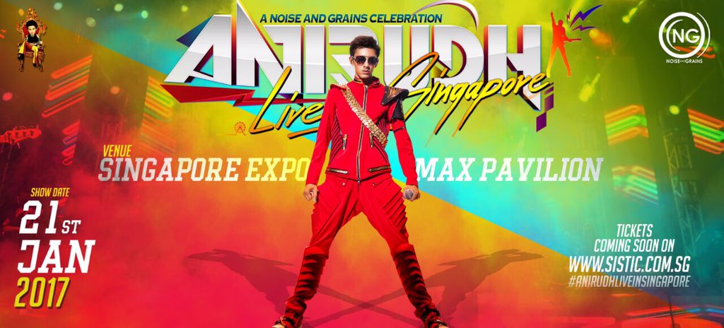 #AnirudhLiveinSingapore
Jan 21st 2017
Tickets out now on : 

sistic.com.sg/events/ani1016