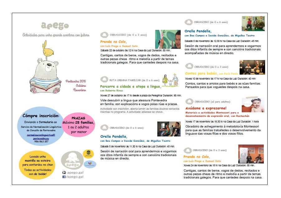 SNLPontevedra's tweet photo. Actividades do Apego para este outono! Se tedes peques de 0 a 6 anos ou ides ter, xa vos podedes inscribir! https://t.co/dieJyJj4vJ #Ponte https://t.co/Sfrvk1LTVw