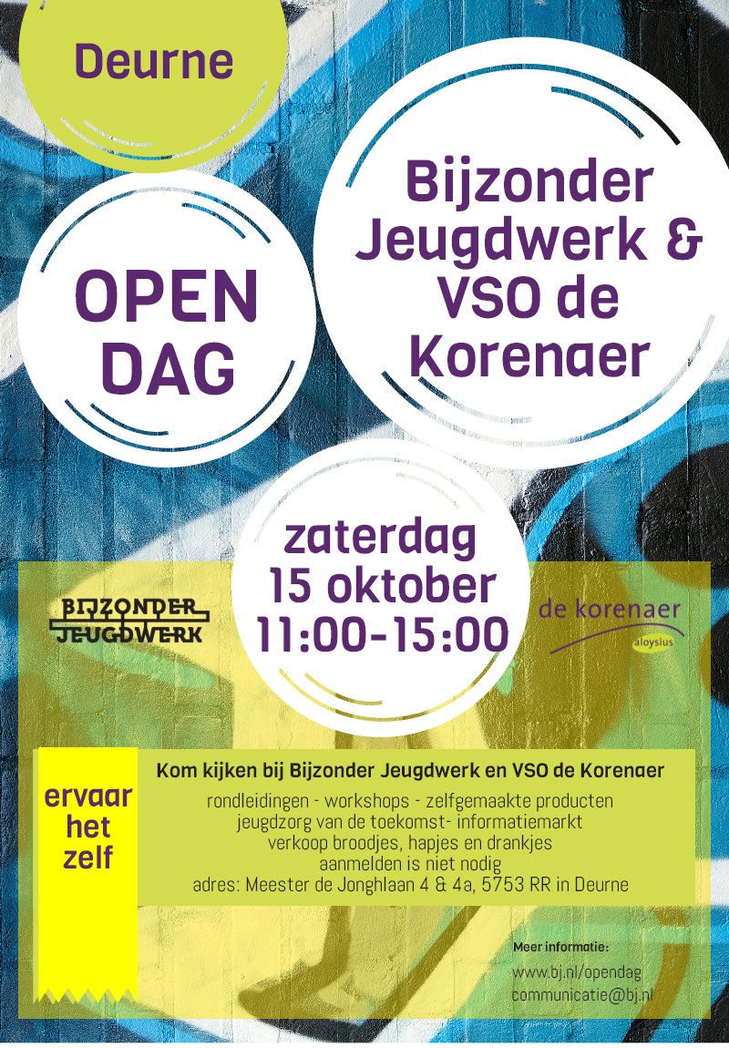 Zaterdag 15 okt 11:00-15:00 uur: open dag bij Bijzonder Jeugdwerk en <a href="/vsoDeKorenaer/">De Korenaer, Deurne</a>! Het wordt prima weer! Kom ook! bj.nl/opendag