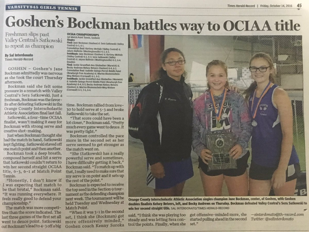 <a href="/VTENNIS_GHS/">Girls Varsity Tennis</a> Wow!  Bockman OCIAA Champ, Rivers &amp; Andrews doubles finalists, TEAM Division III champs again! #Goshenpride