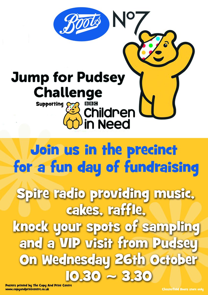 26th October in Chesterfield's precinct raising money for children in need #childreninneed #pudsey #no7 #bootsthechemist #spireradio