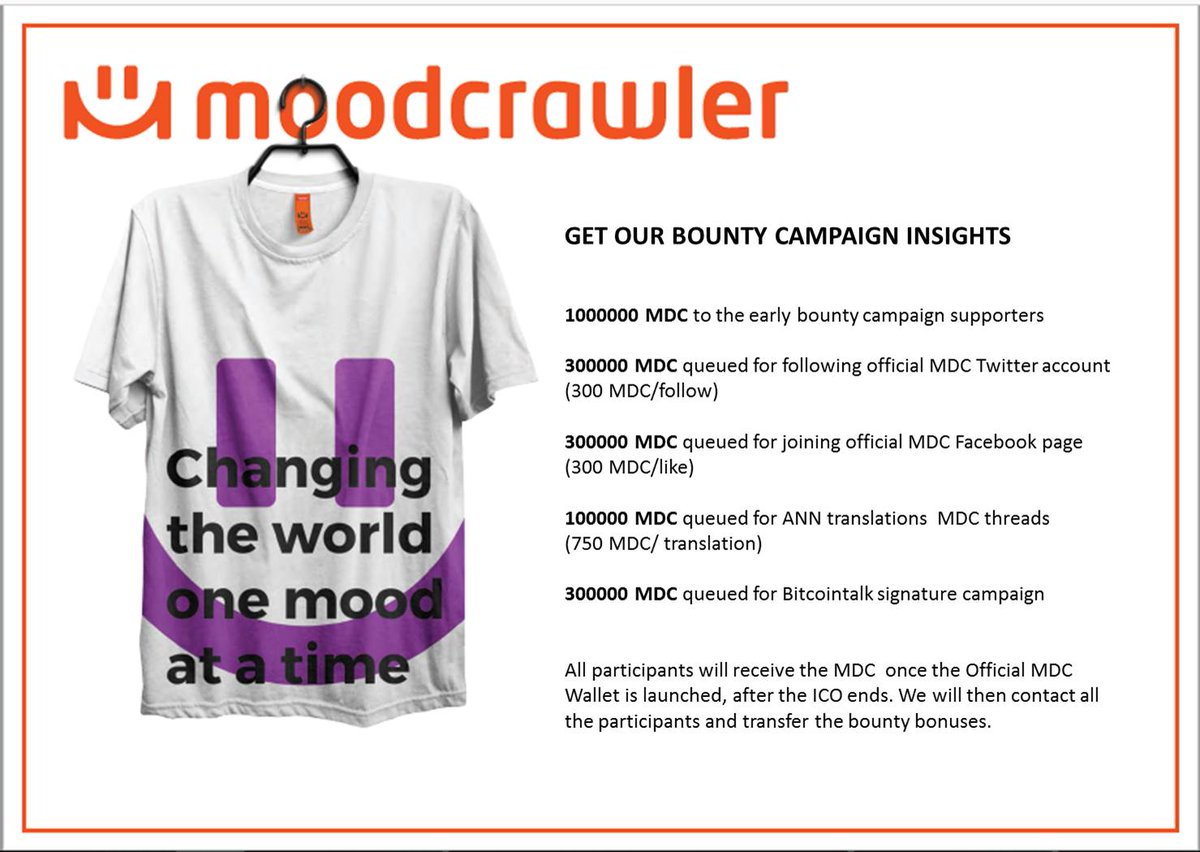 MoodCrawler's tweet image. Here are the bounties we are promoting, check them out as there's an easy way of earning some MoodCoins. moodcrawler.org #blockchain