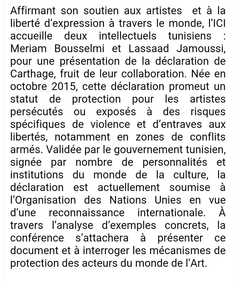 joujou74_'s tweet photo. #Tunisie "Déclaration de Carthage pour la protection des artistes en situation de vulnérabilité"
15/10 à 15h à @culturesdislam #paris https://t.co/GUjU3T4m7p
