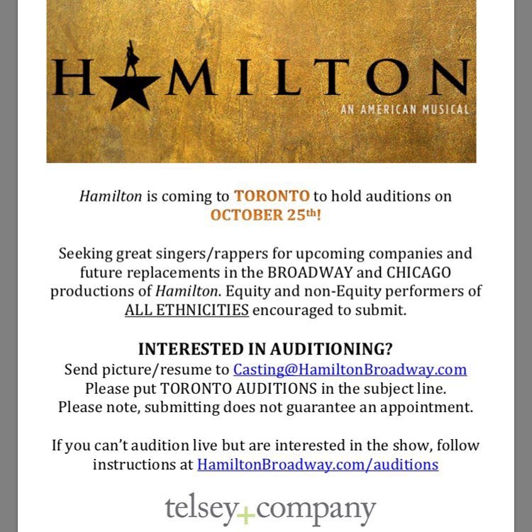d_chua's tweet photo. Toronto musical theatre folk / singers / rappers - it's time to take your shot! HAMILTON is coming to Toronto for auditions - good luck! https://t.co/VRKrxkdQT0