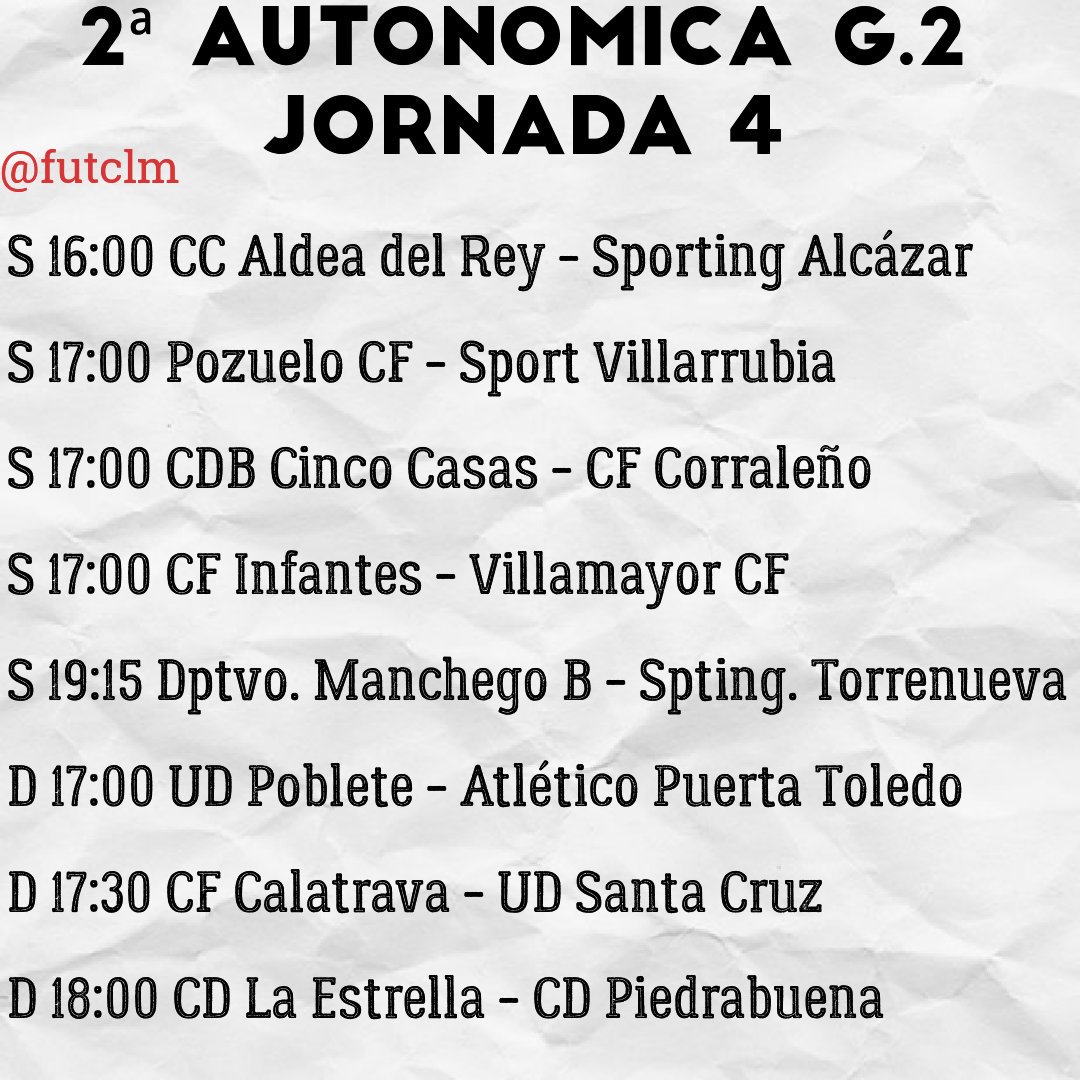 futclm's tweet photo. ⏰ Horarios Segunda Autonómica G. 2, 3, 4 y 5 | Jornada 4: https://t.co/MsFDPtkNE1