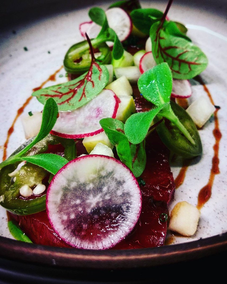 Check out the beautiful dish Chef Mike has on the menu tonite! Tuna crudo, pickled jalapeno, apple, barrel soy - come dine with us!
