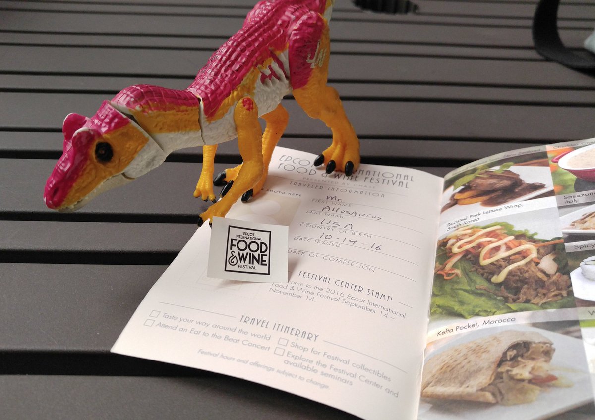 Mr_Allosaurus's tweet photo. @WDWToday Here we go! #EpcotFoodFestival is in full swing and I am going to eat sooooo much! #fatdino #greatfood #epcot #adventuresaurus https://t.co/K25UWHkQC1