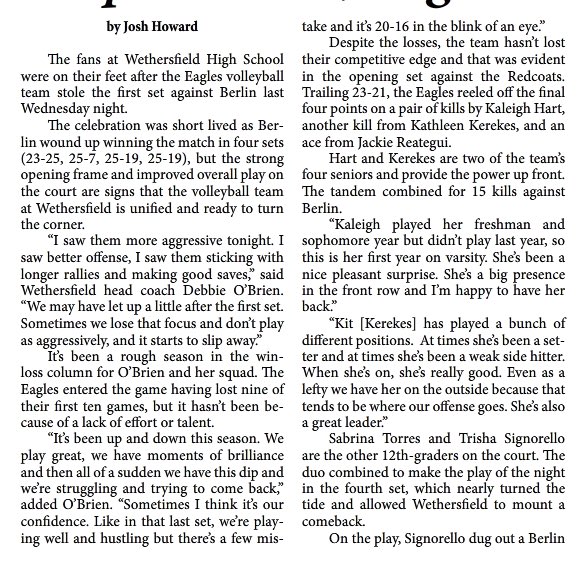 RareReminderJH's tweet photo. Wethersfield #ctvb hosts Rocky Hill tonight @ 5! Look back at Eagles season thus far in papers this week.

https://t.co/2GiDPo3q7p https://t.co/NvKJnOsc8c