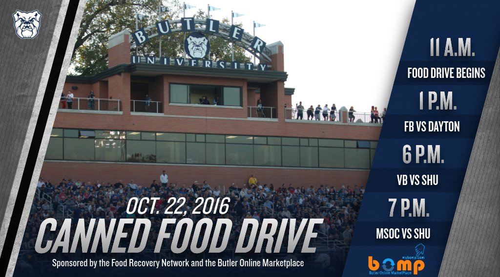 ButlerAthletics's tweet photo. Don't forget to bring your donation to @ButlerUFootball, @ButlerMenSoccer or @ButlerVB this Saturday! cc: @ButlerFoodRecov @mybomp https://t.co/yQUATHLUTf