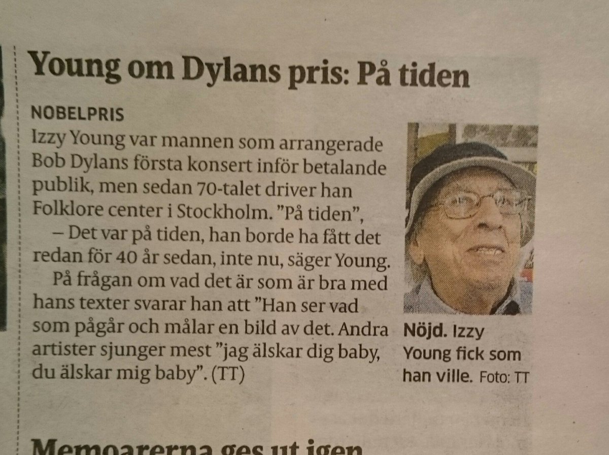 Jag gläds åt att #Nobelpriset gick till #BobDylan särskilt för #Izzyyoung skull Det hela började med honom och #Folklorecenter #UNT