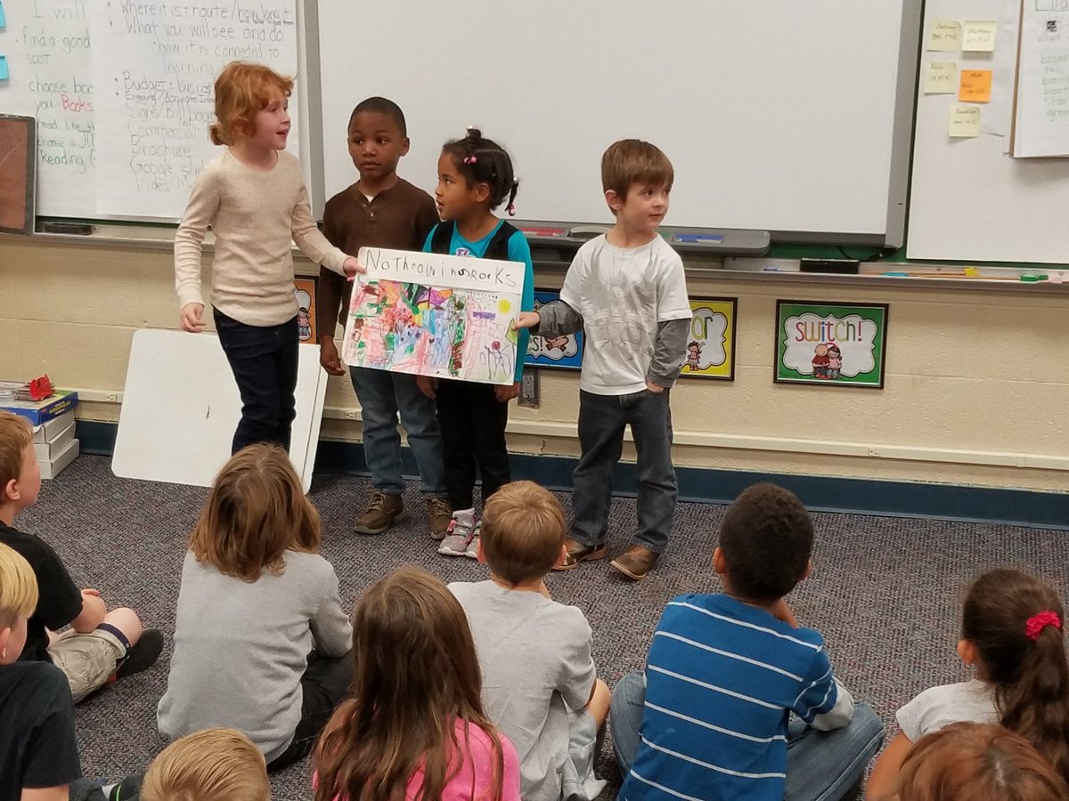 DrJSnodgrass's tweet image. Elm Grove kindergarten students presenting to 3rd grade about something important to them. #benicetoothers  #dontthrowrocks #fortproud