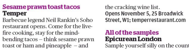temperrest's tweet photo. Come for the live fire cooking, stay for the mind-bending tacos @temperldn. Thanks, @standardnews we'll take that. #novemberopening https://t.co/91B5nhcrKu