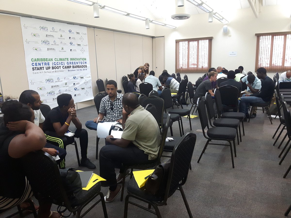 CaribbeanCIC's tweet photo. Young entrepreneurs swapping ideas in the Group Ideation Session with @kristynazdot and @adil_gherib of @maqtoob #GreenTechBdos #CCIC #CGSB https://t.co/5DFhH7nz0E