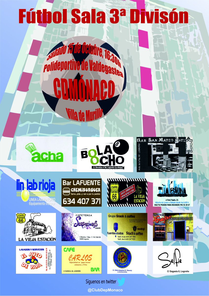 Mañana primer partido en "casa" a las 16:30 en el poli de valdegastea.
<a href="/ClubDepMonaco/">Club Deport. Mónaco</a>  vs <a href="/villademurillo/">villademurillofs</a>